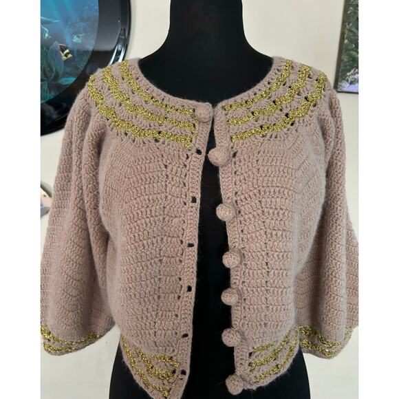 Cache Tan Luxe Metallic Cashmere Wool Blend Top New Sweater Stretch $168 NWT - Picture 6 of 6